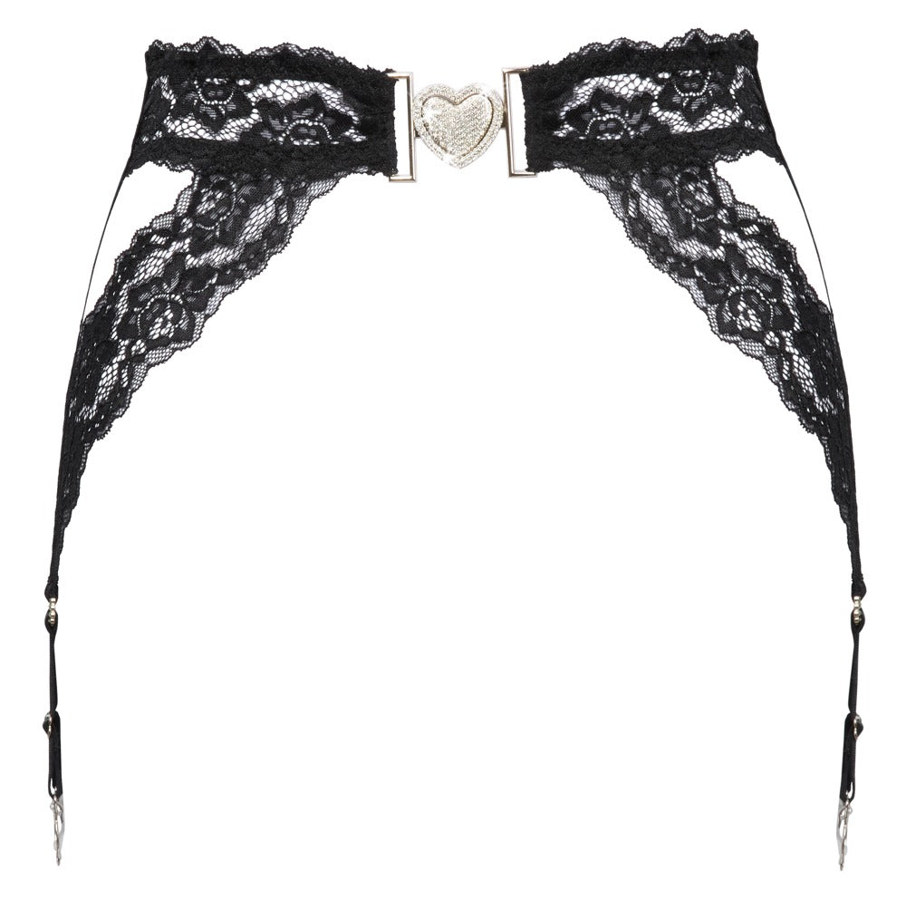 Suspender Belt Heart S/M Cottelli - Liguero de Encaje Negro con Detalles Plateados