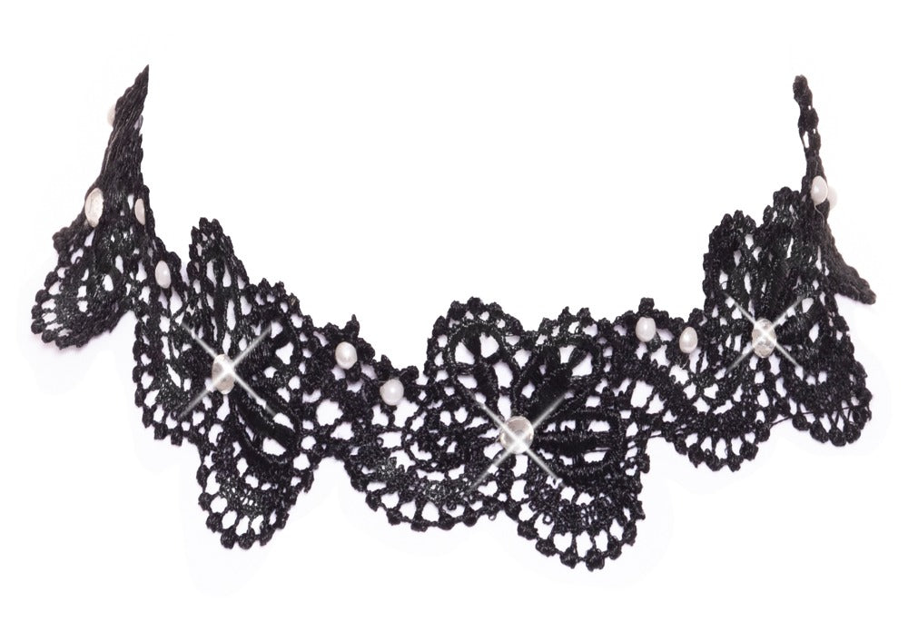 Choker Negro Cottelli Accessoires - Encaje con Perlas y Brillantes