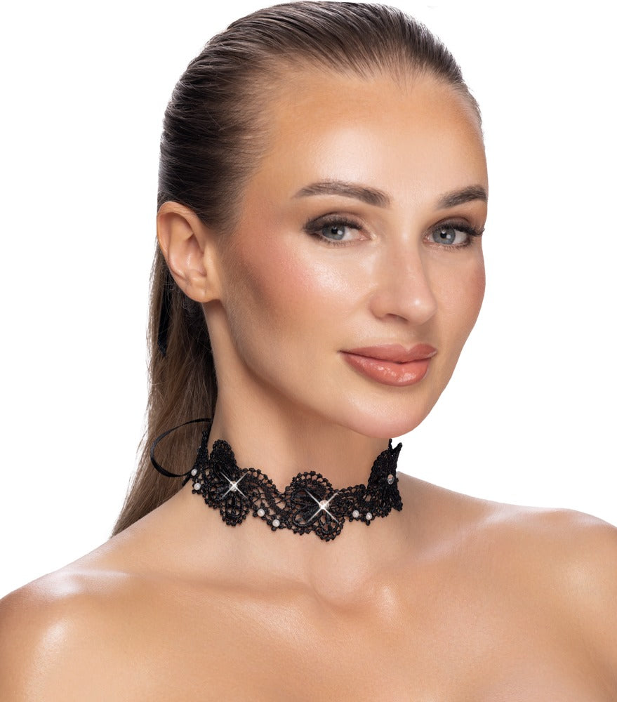 Choker Negro Cottelli Accessoires - Encaje con Perlas y Brillantes