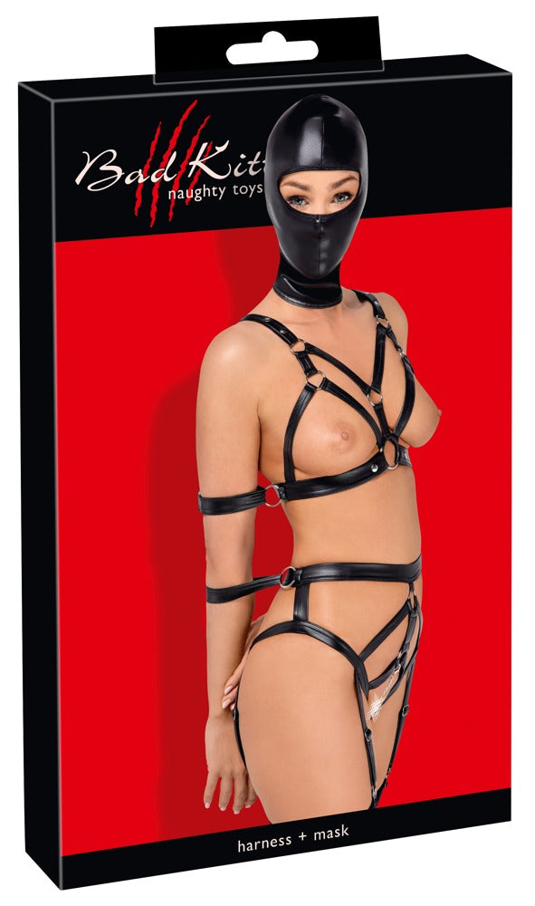 Bad Kitty Strap+Mask Set XL - Conjunto Arnés y Máscara en Polipiel