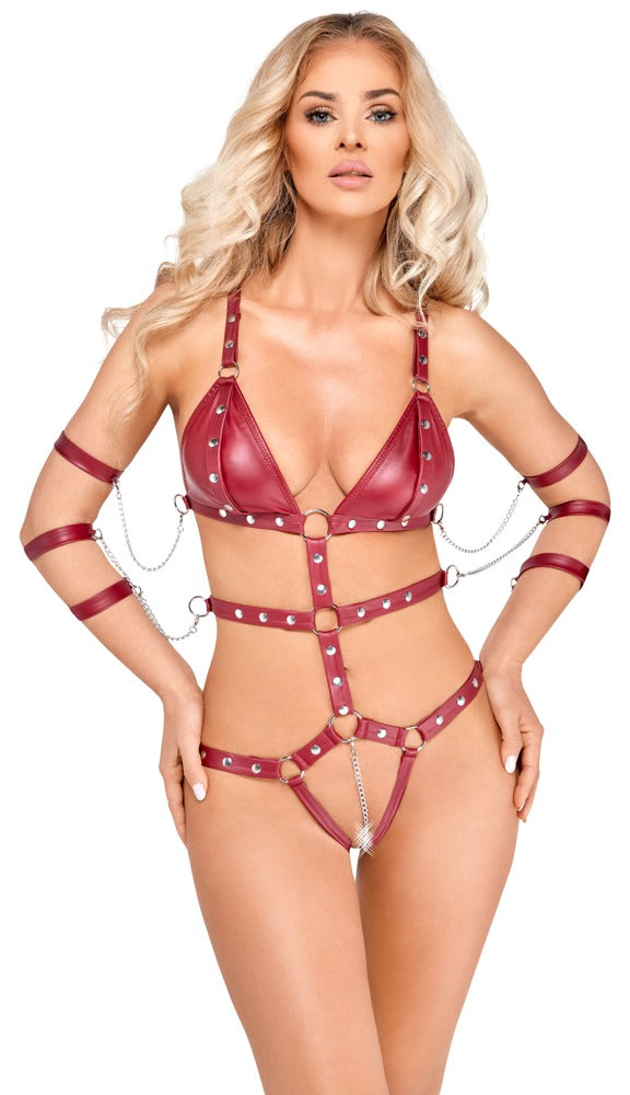 Bad Kitty Strap Body Red M - Body de Polipiel con Arnés y Cadenas