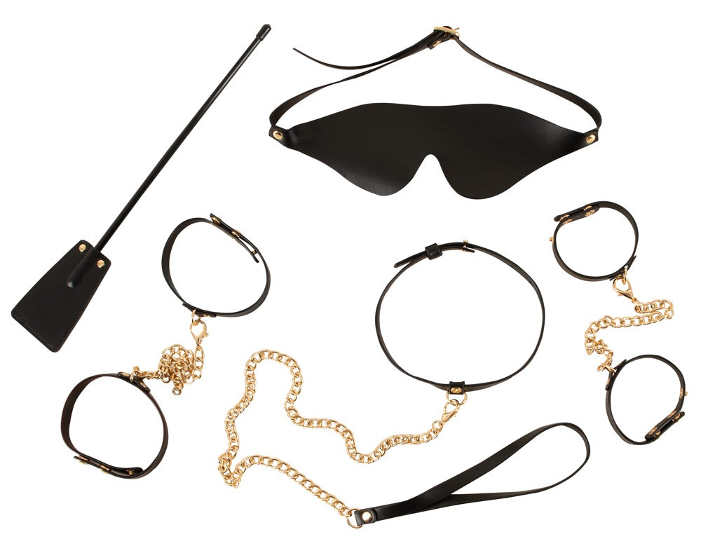 Bad Kitty Bondage Set Gold - Conjunto de 5 piezas en cuero negro