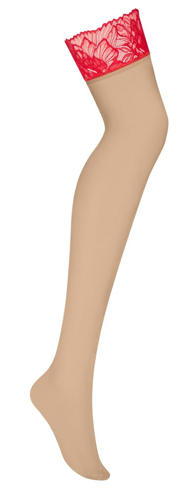 OBS Stockings 2XL/3XL - Medias de Liguero Nude con Encaje Rojo