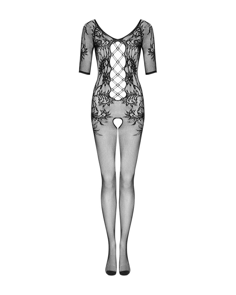 OBS Bodyst S-L - Bodystocking Floral Negro con Entrepierna Abierta