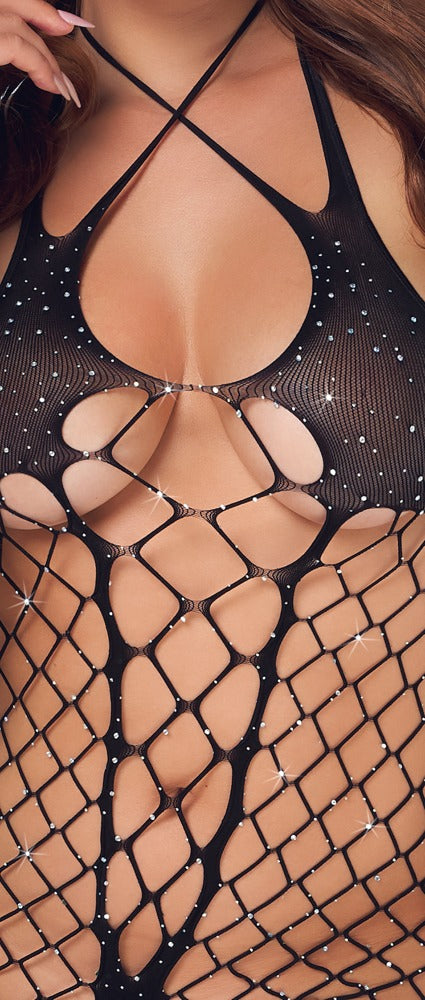 Jumpsuit Fantasy S-L - Body Malla Negra con Strass
