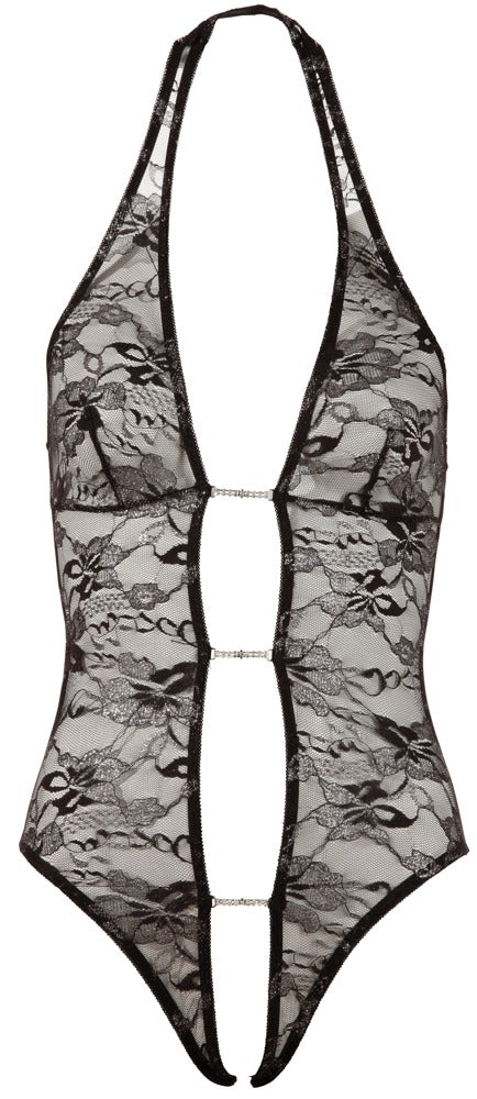 Body L Abierta Fina - Encaje Floral Transparente con Strass