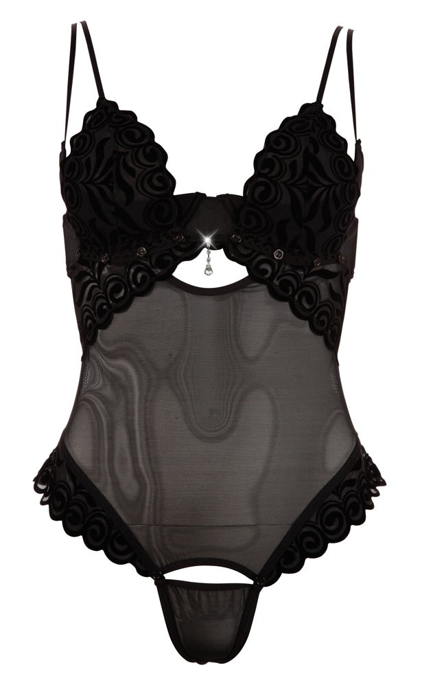 Body String Negro Cottelli Lingerie 80B/M - Powernet con Flocado de Terciopelo