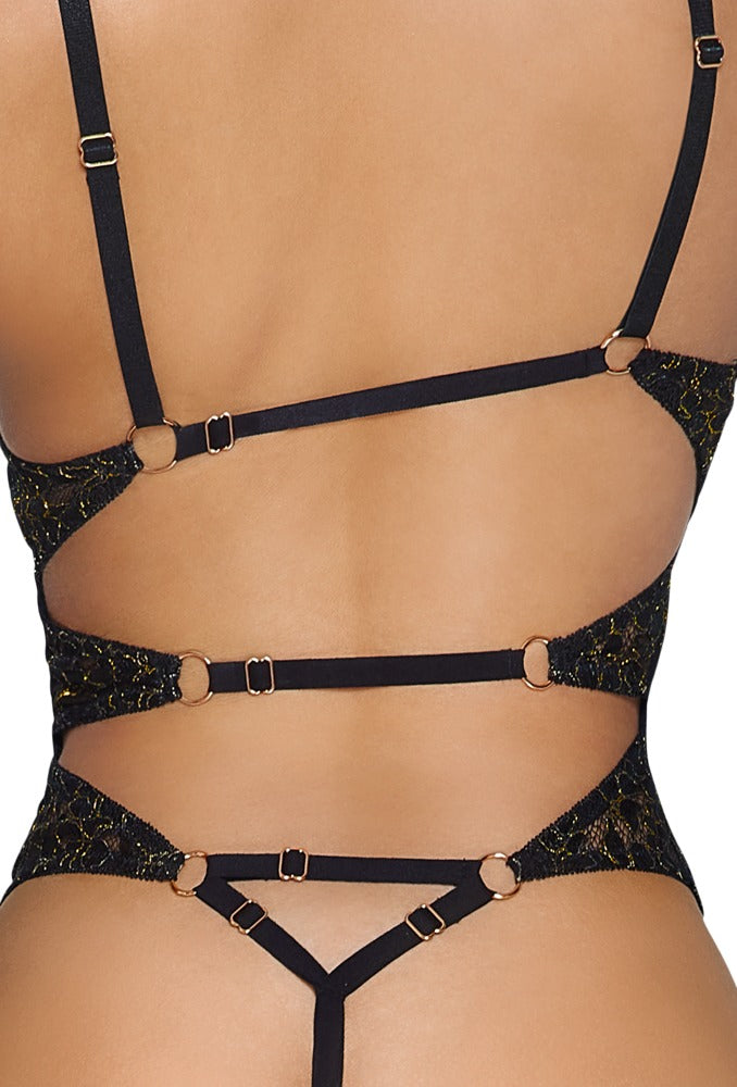 Body Gold S Abierta Fina - Encaje Floral Negro con Detalles Dorados