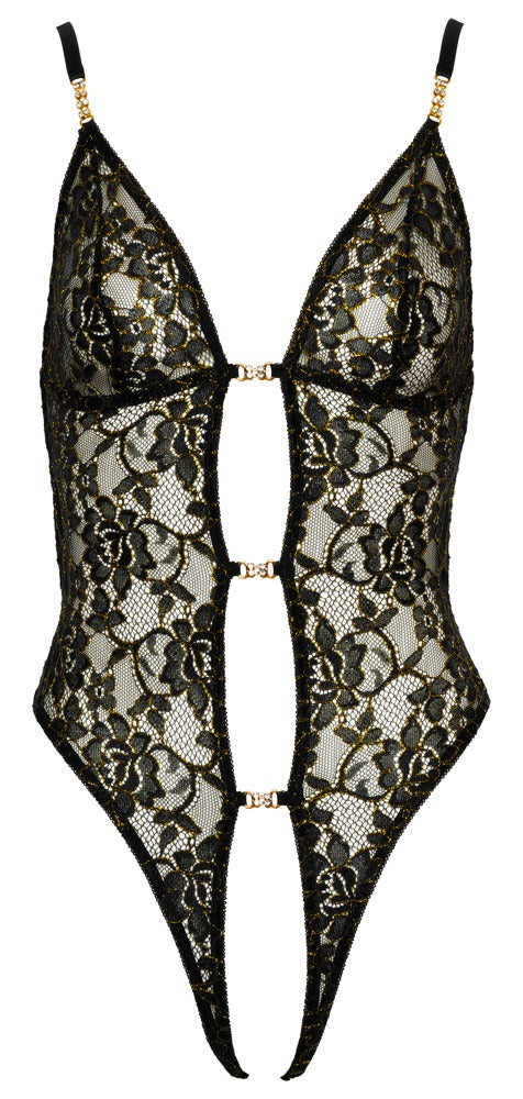 Body Gold S Abierta Fina - Encaje Floral Negro con Detalles Dorados
