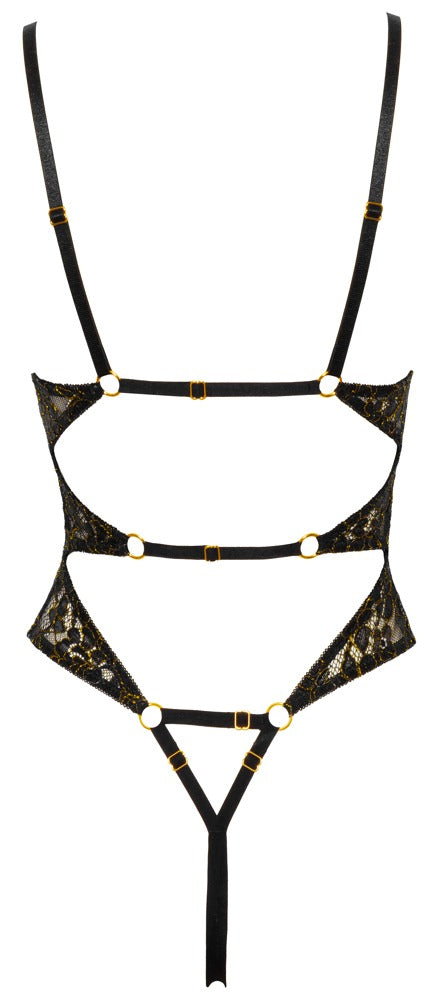 Body Gold S Abierta Fina - Encaje Floral Negro con Detalles Dorados