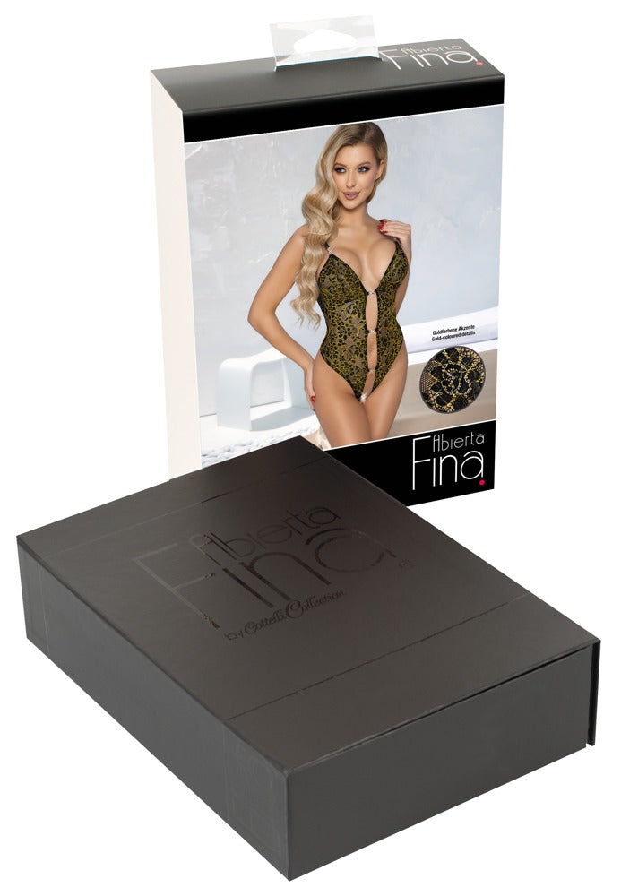 Body Gold S Abierta Fina - Encaje Floral Negro con Detalles Dorados