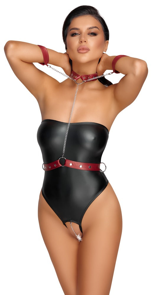Tubebody Bondage S - Body Negro Mate con Arnés Rojo Desmontable