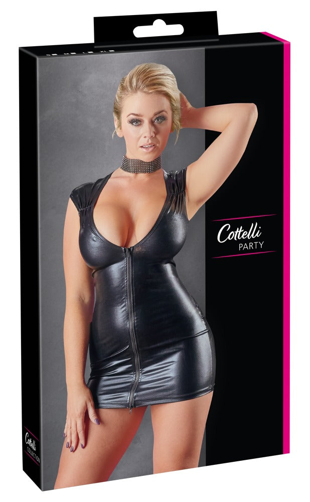 Wet Look Dress with Zip M - Minivestido Negro Brillante Cottelli PARTY