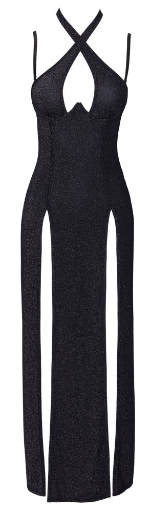 Vestido Largo Plateado Brillante Cottelli PARTY - Escote Halterneck Ajustable