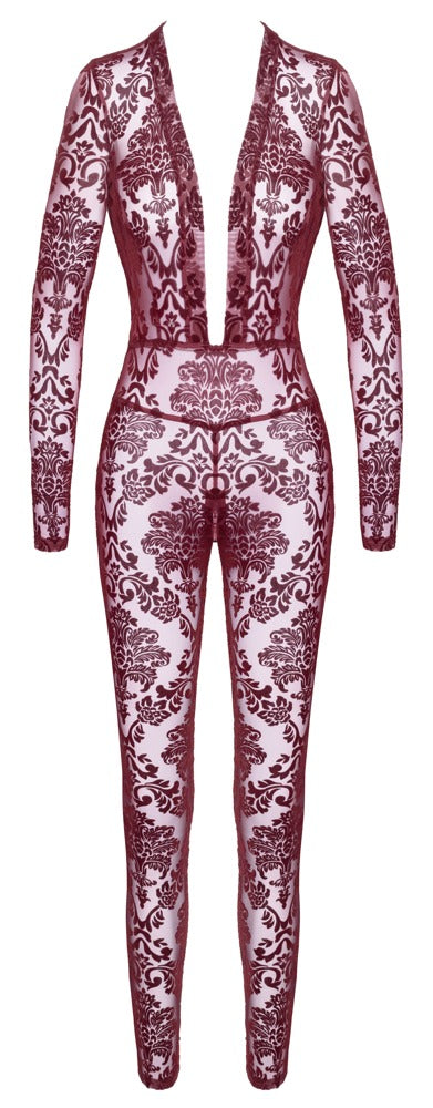 Noir Jumpsuit Red M - Mono Ceñido Transparente con Detalles de Terciopelo