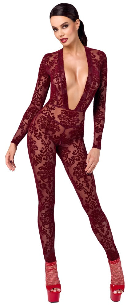 Noir Jumpsuit Red S - Mono Ceñido Transparente con Detalles Aterciopelados