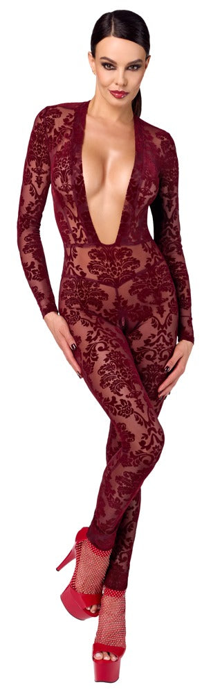 Noir Jumpsuit Red S - Mono Ceñido Transparente con Detalles Aterciopelados