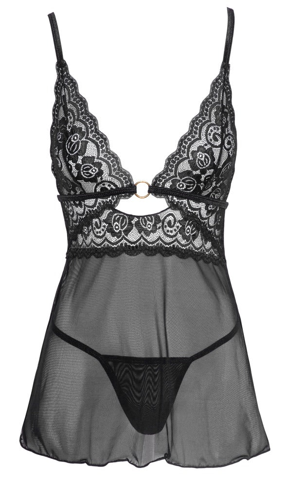 Babydoll Ring L Cottelli Lingerie - Encaje y Powernet con Anillo Dorado