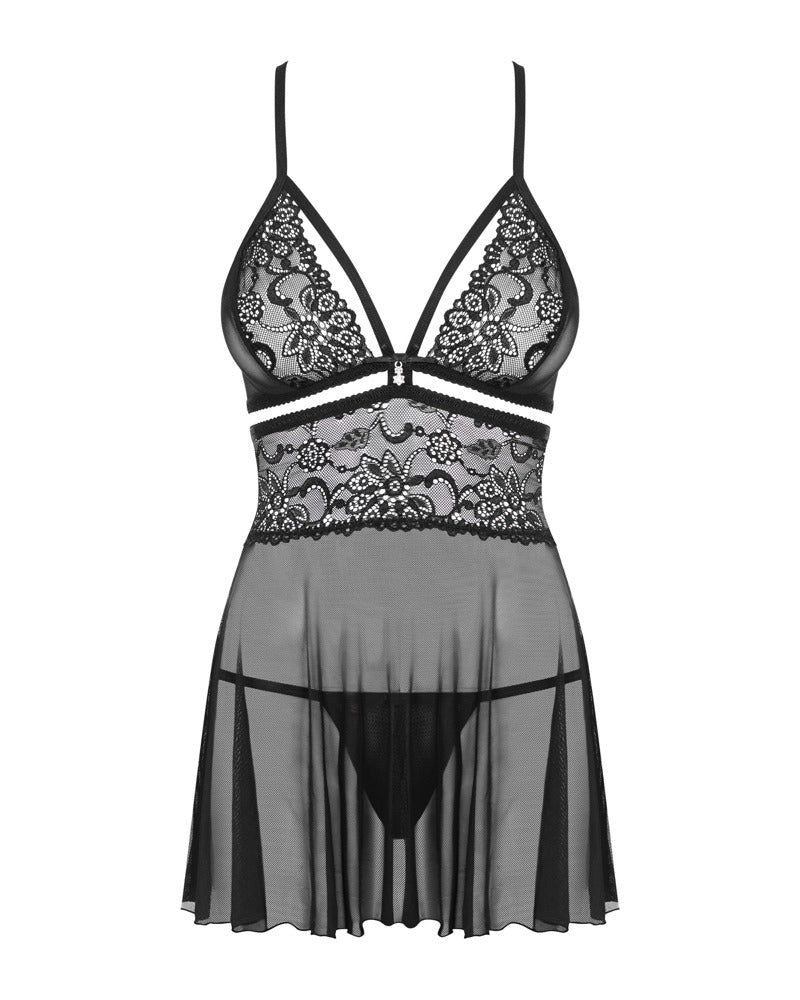 Babydoll Obsessive 2XL/3XL Negro Transparente con Encaje y Tanga
