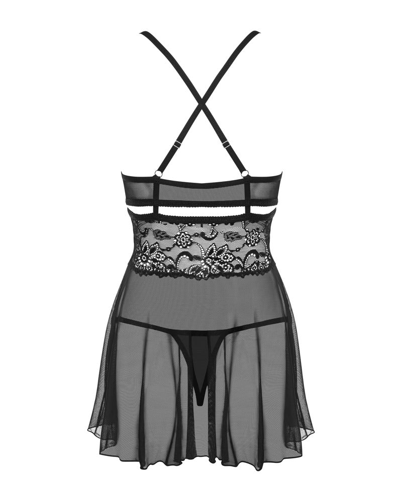 Babydoll Obsessive 2XL/3XL Negro Transparente con Encaje y Tanga