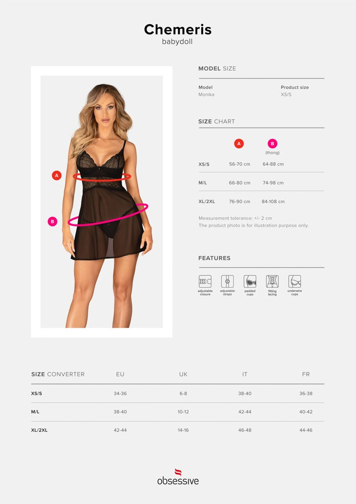 OBS Babydoll XS/S Obsessive - Conjunto Seductor Negro Transparente