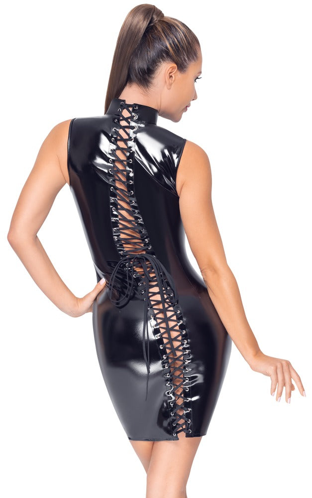 Vinyl Dress Lacing XL - Vestido Corto Charol Negro con Cordones
