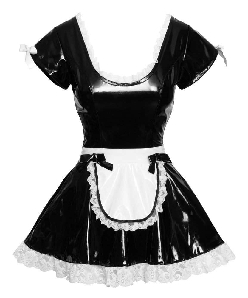 Vinyl Maid's Dress M - Vestido de Charol Negro con Delantal Blanco