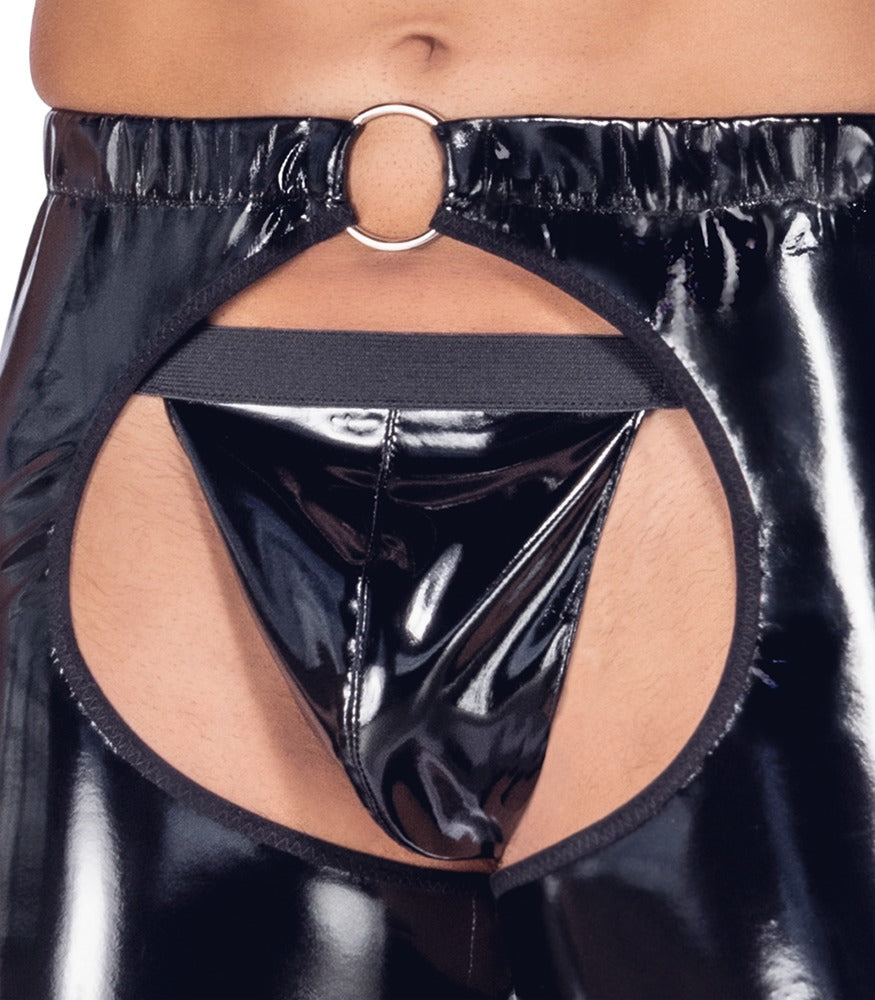 Men's Vinyl Chaps M - Polainas Negras Brillantes con Tanga