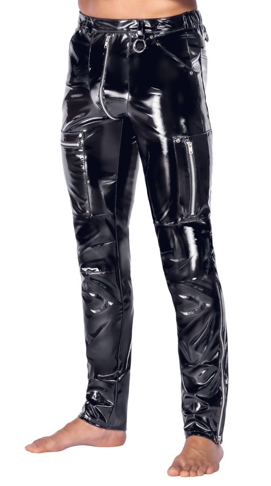 Pantalón Vinilo Negro Hombre XL - Black Level Brillante con Detalles Metálicos