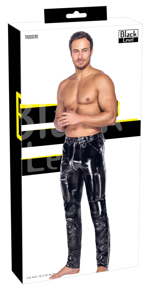Pantalón Vinilo Negro Hombre XL - Black Level Brillante con Detalles Metálicos