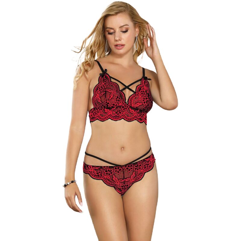 Set Lencería Dos Piezas Encaje Floral Rojo y Negro L/XL