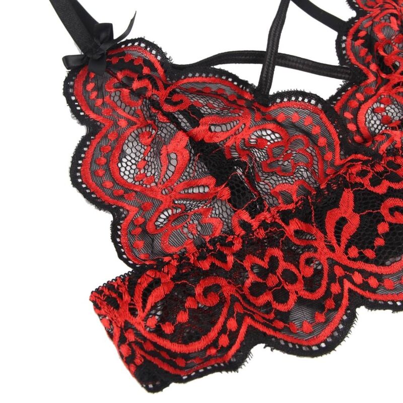 Set Lencería Dos Piezas Encaje Floral Rojo y Negro L/XL
