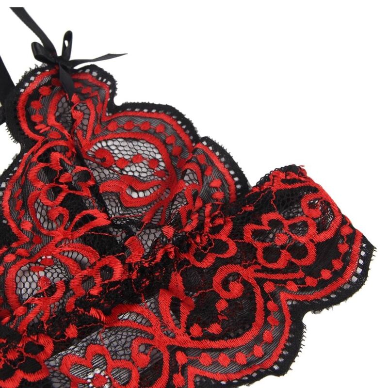 Set Lencería Dos Piezas Encaje Floral Rojo y Negro L/XL