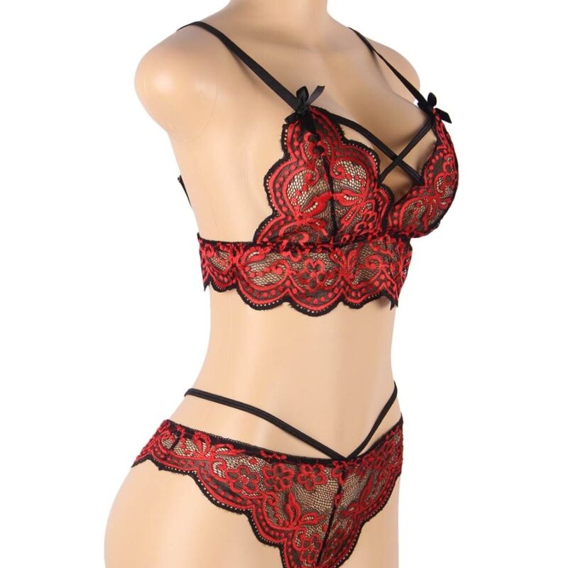 Set Lencería Dos Piezas Encaje Floral Rojo y Negro L/XL
