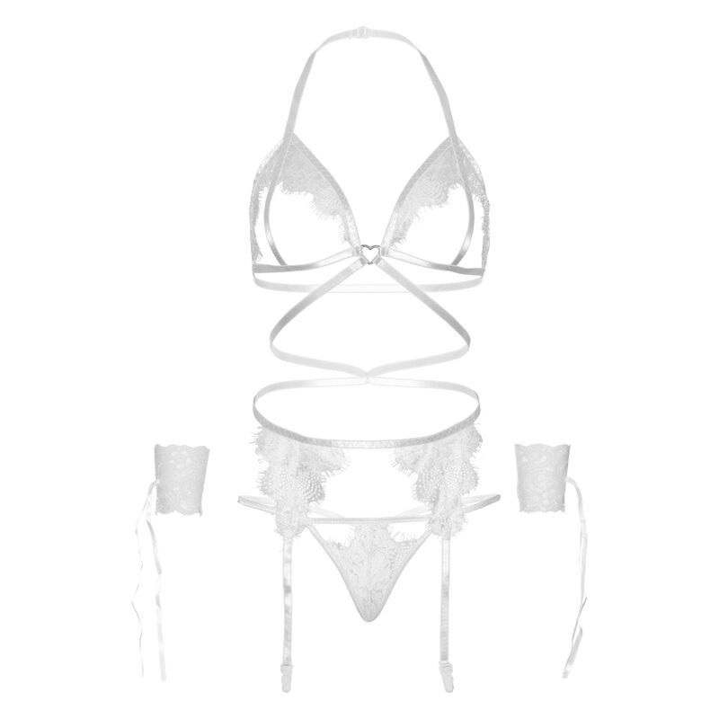 Leg Avenue Four Pieces Set - Sujetador, Tanga, Liguero y Puños en Blanco