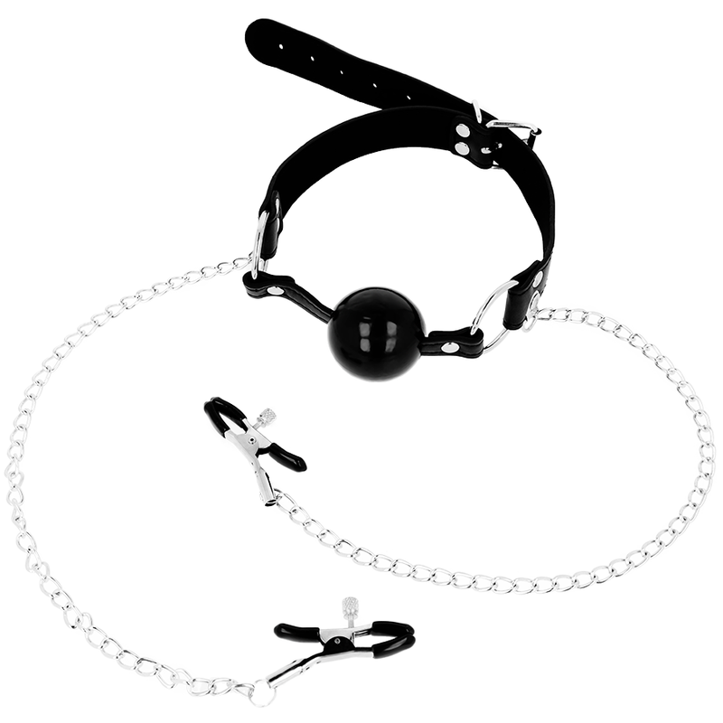 OHMAMA Fetish Ball Gag Transpirable Negro con Pinzas de Pezón