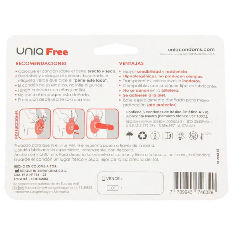 UNIQ Free Condones Sin Látex con Anillo Protector - Pack 3 Unidades