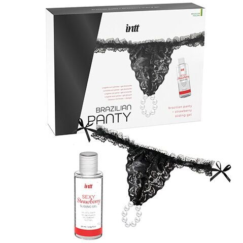 INTT Panty Brasileña Negra con Perlas y Gel Lubricante 50ml