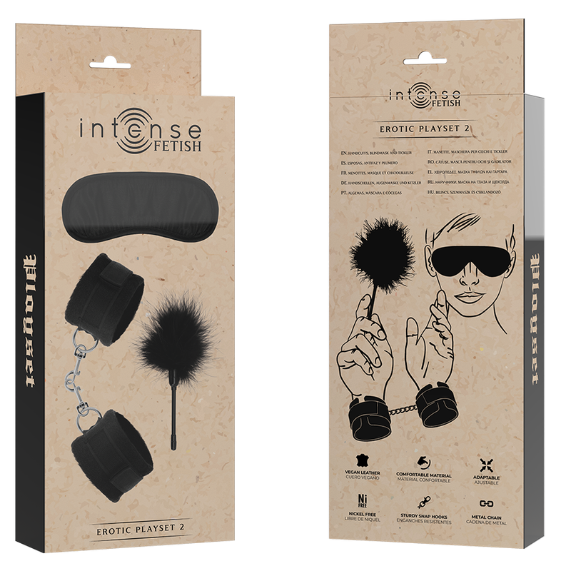 Set Erótico INTENSE FETISH 2 - Esposas, Antifaz y Plumero en Cuero Vegano