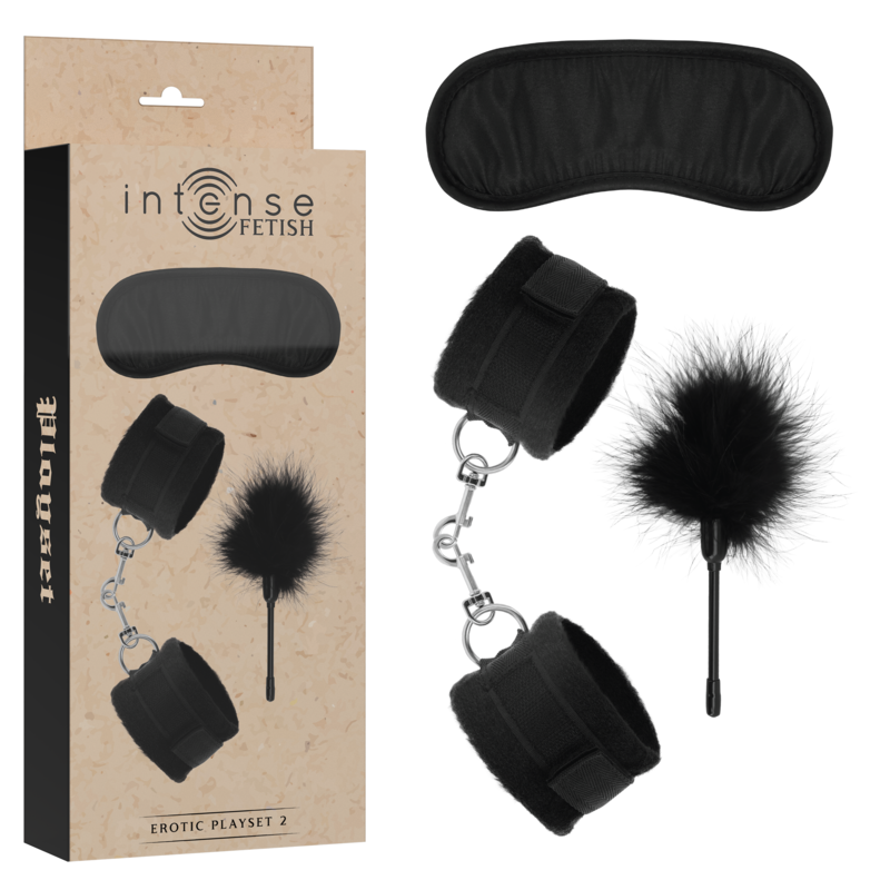 Set Erótico INTENSE FETISH 2 - Esposas, Antifaz y Plumero en Cuero Vegano