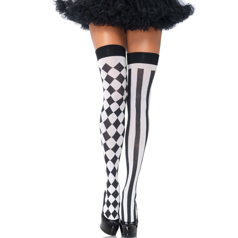 Leg Avenue Harlequin Thigh Highs - Medias Altas Diseño Arlequín Negro/Blanco