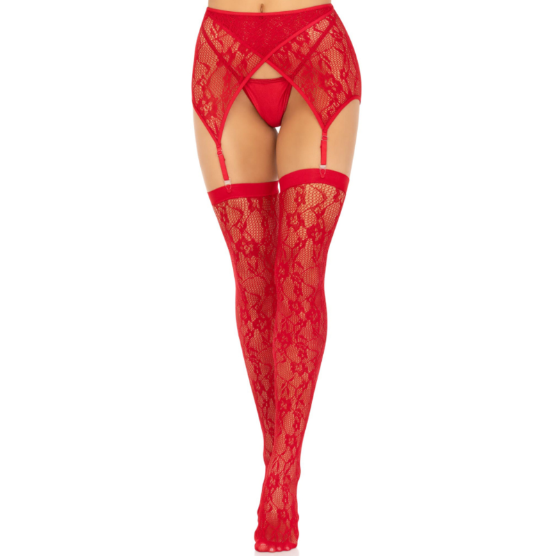 Leg Avenue Lace Thigh Highs & Garterbelt Red - Medias Altas con Ligas