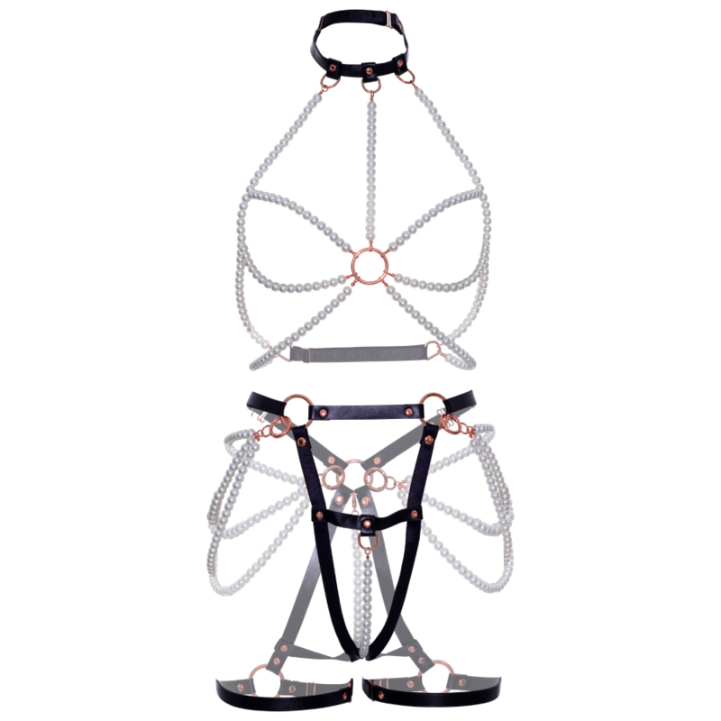 Leg Avenue Harness Bra & Pearl Garter - Lencería Sensual Talla L