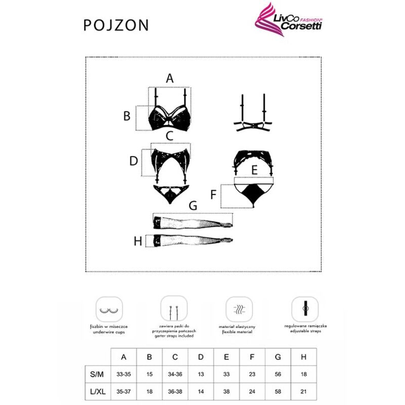Conjunto Lencería Pojzon LC 90670 - Sujetador, Liguero, Medias y Braga Negra