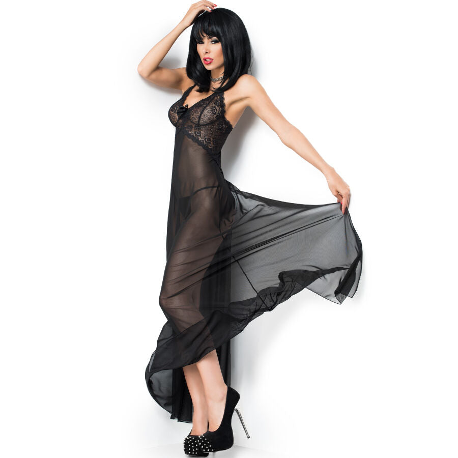 Chilirose CR 3883 Babydoll Largo Negro S/M - Camisón Elegante con Espalda Abierta