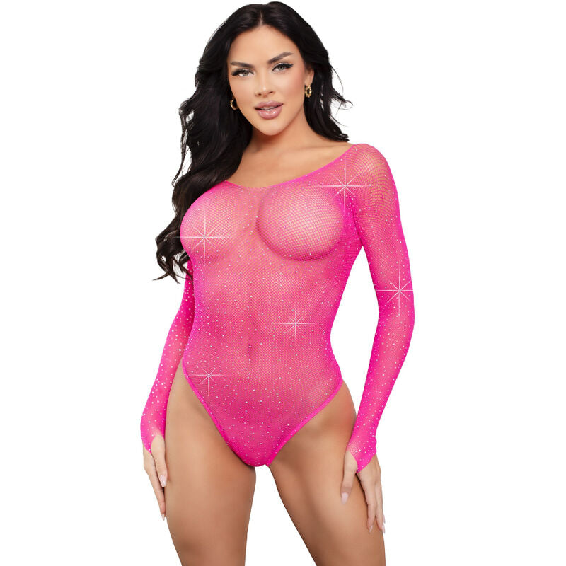 Leg Avenue Crystalized Long Sleeve Bodysuit Fuchsia - Manga Larga con Pedrería
