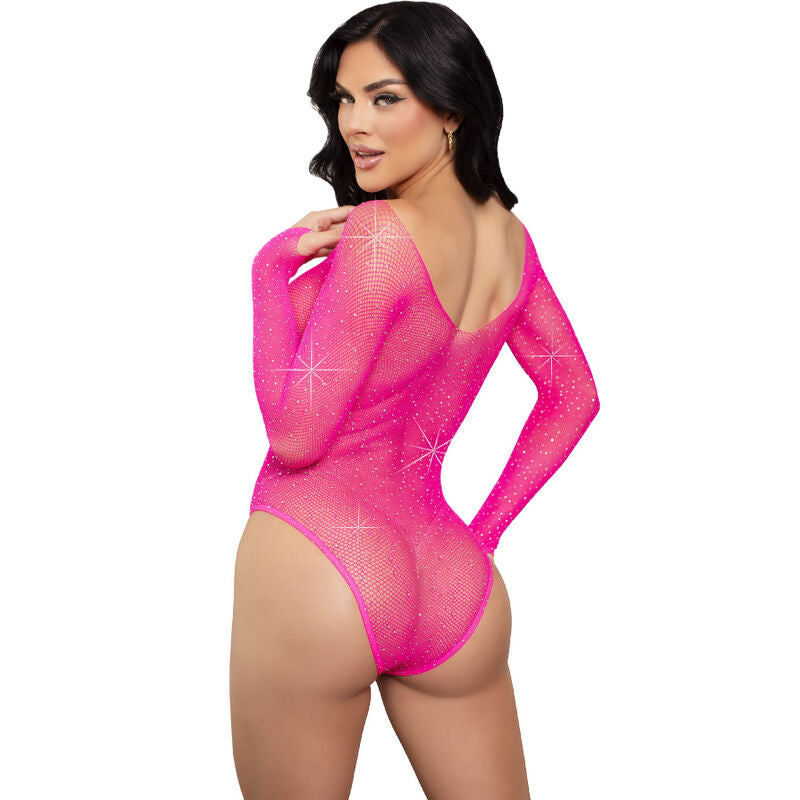 Leg Avenue Crystalized Long Sleeve Bodysuit Fuchsia - Manga Larga con Pedrería