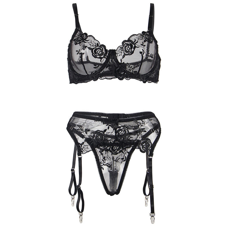 Set de Lencería Subblime 3 Piezas Floral Negro L/XL - Sujetador, Tanga y Liga