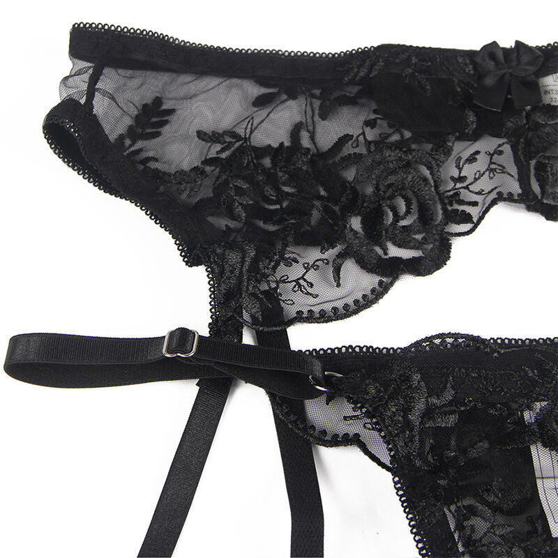 Set de Lencería Subblime 3 Piezas Floral Negro L/XL - Sujetador, Tanga y Liga