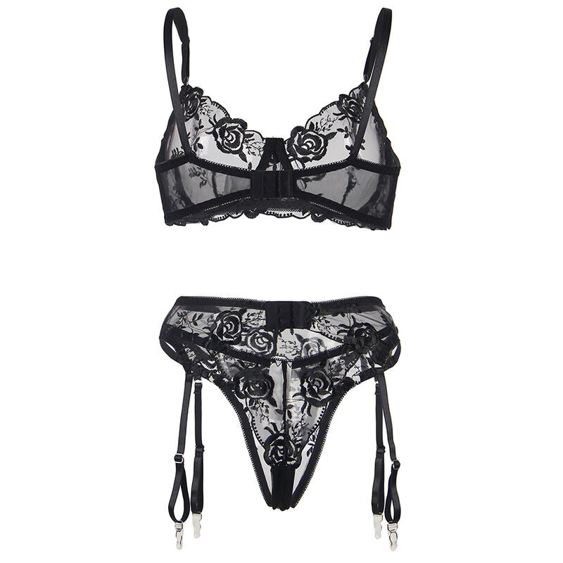 Set de Lencería Subblime 3 Piezas Floral Negro L/XL - Sujetador, Tanga y Liga
